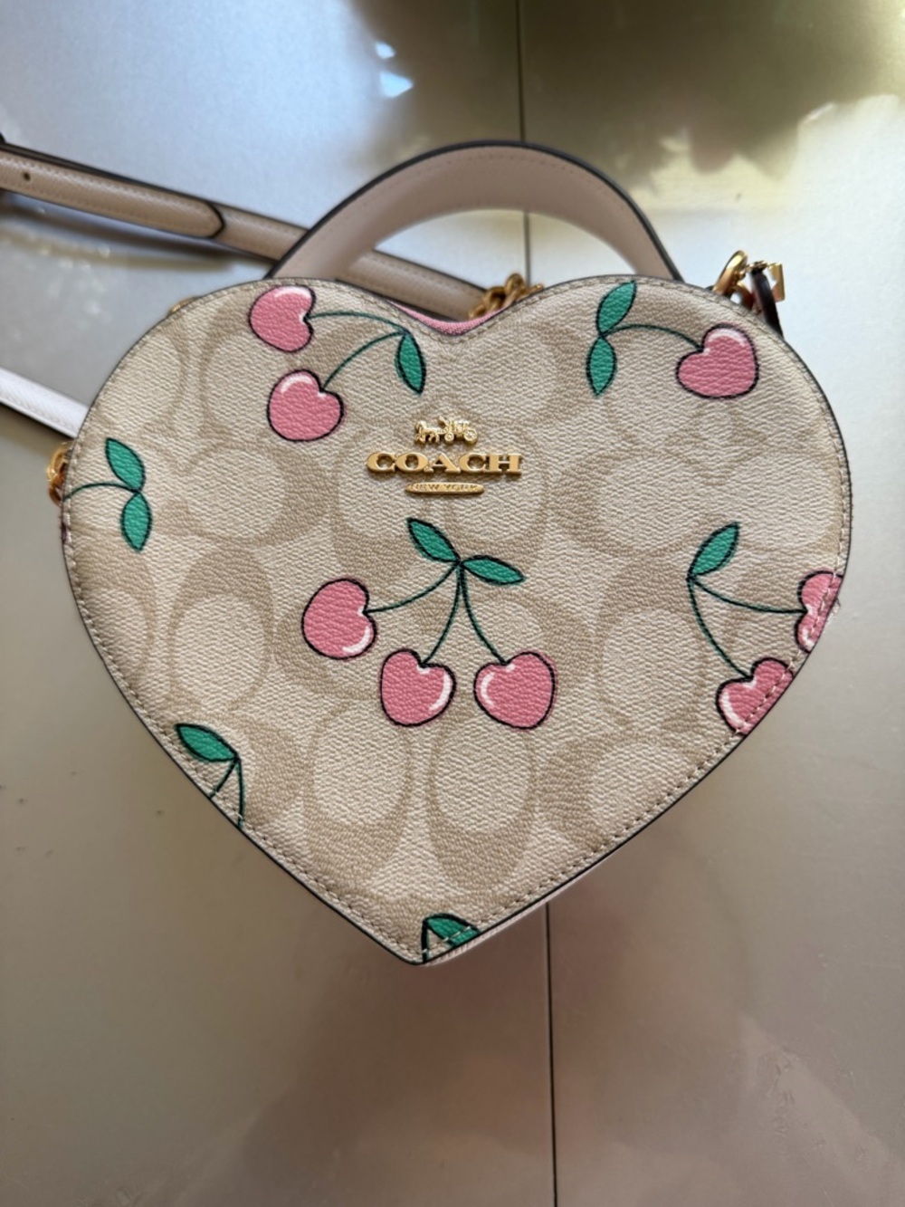 Coach Heart Cherry Print Crossbody Bag in Cream, Pink & Green